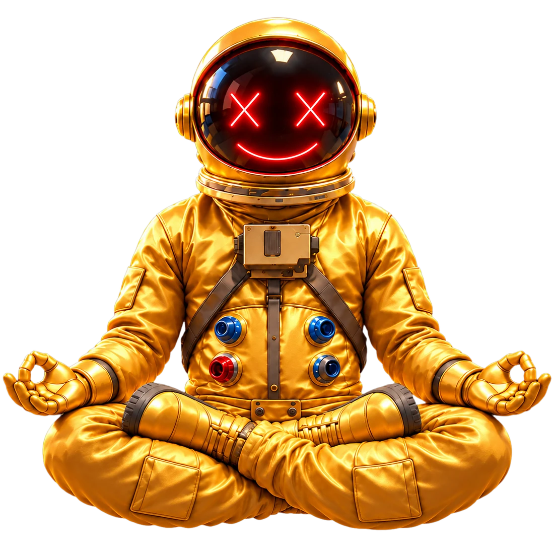 A golden astronaut floating in lotus pose with a glowing red X-eye smile, representing people augmented by AI