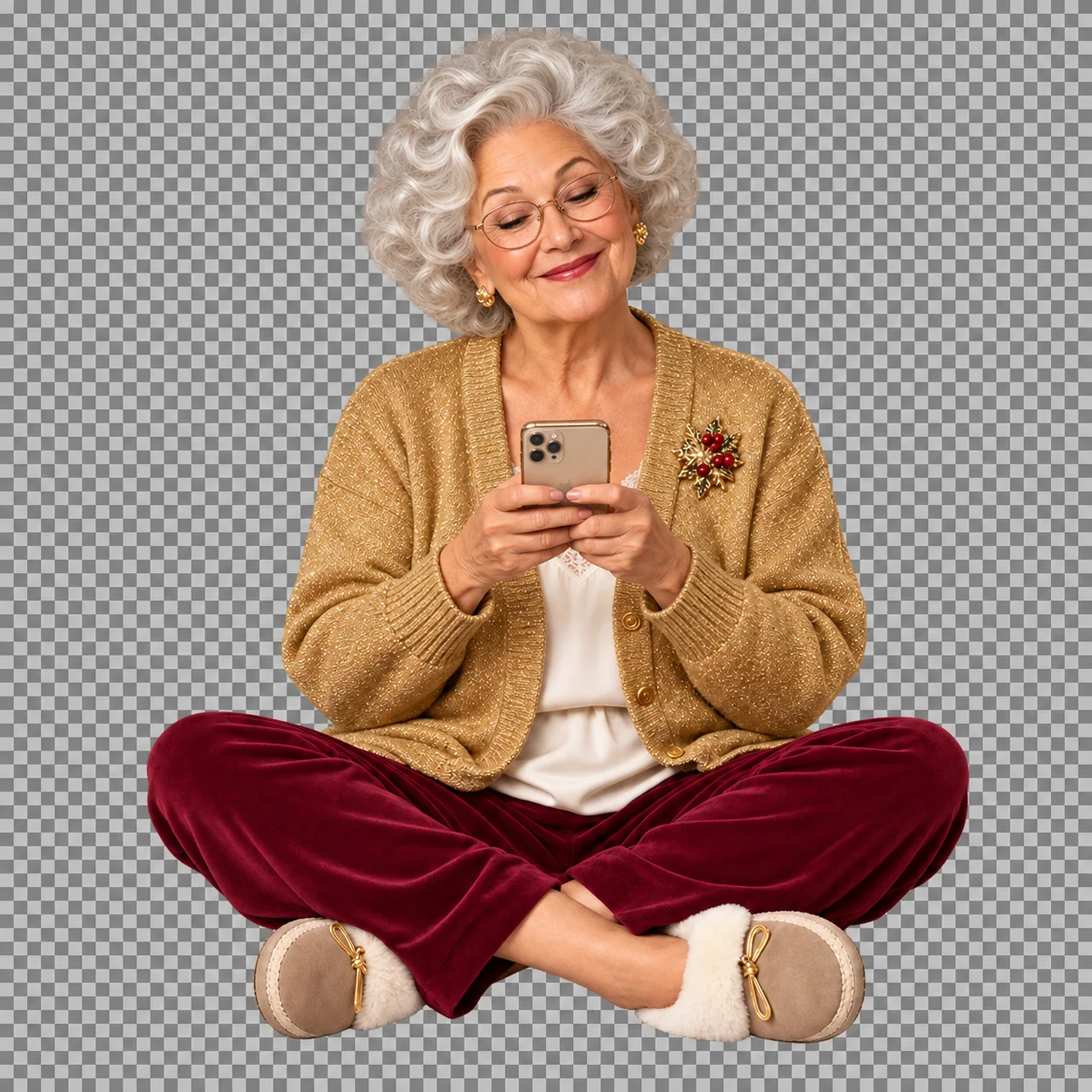 Aunt Linda sitting in lotus pose, happily typing on her phone