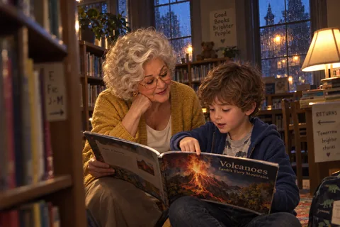 Aunt Linda helping a young reader choose a book about volcanoes