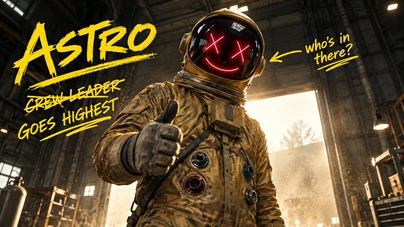 Astro in his golden astronaut suit. Yellow notes: Goes highest. Who's in there?