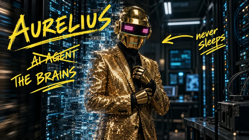 Aurelius, the golden AI agent, in a server room. Yellow notes: The brains. Never sleeps.