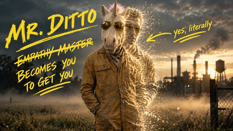 Mr. Ditto transforming into a unicorn. Yellow notes: Becomes you to get you. Yes, literally.