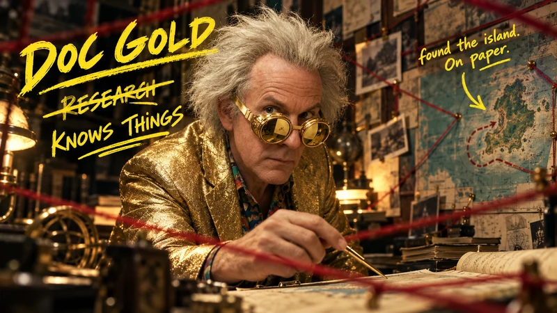 Doc Gold studying maps. Yellow notes: Knows things. Found the island. On paper.