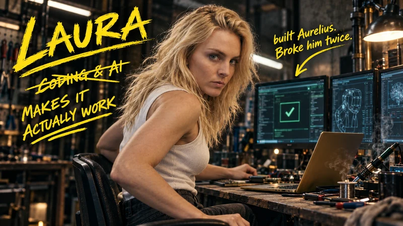 Laura at her workbench. Yellow notes: Makes it actually work. Built Aurelius. Broke him twice.