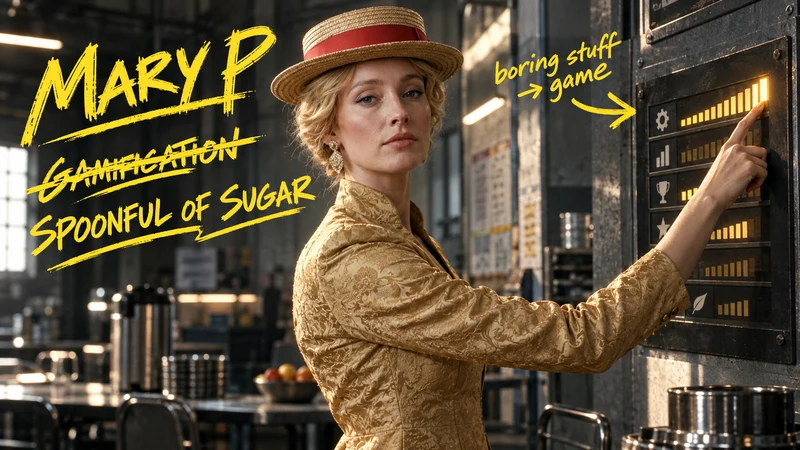 Mary P beside a game scoreboard. Yellow notes: Spoonful of sugar. Boring stuff becomes a game.