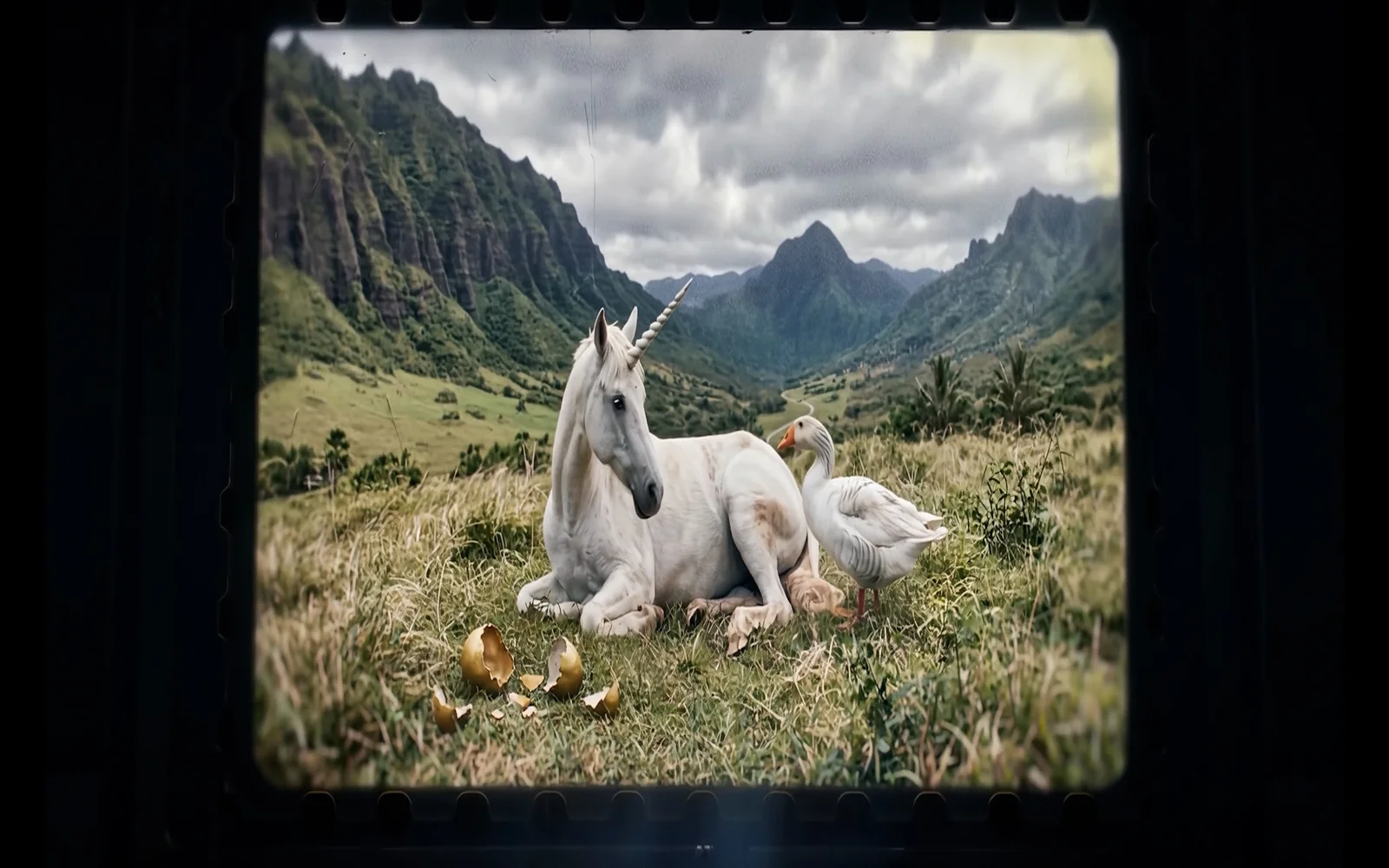 A unicorn resting beside a goose and empty golden eggshells on the island