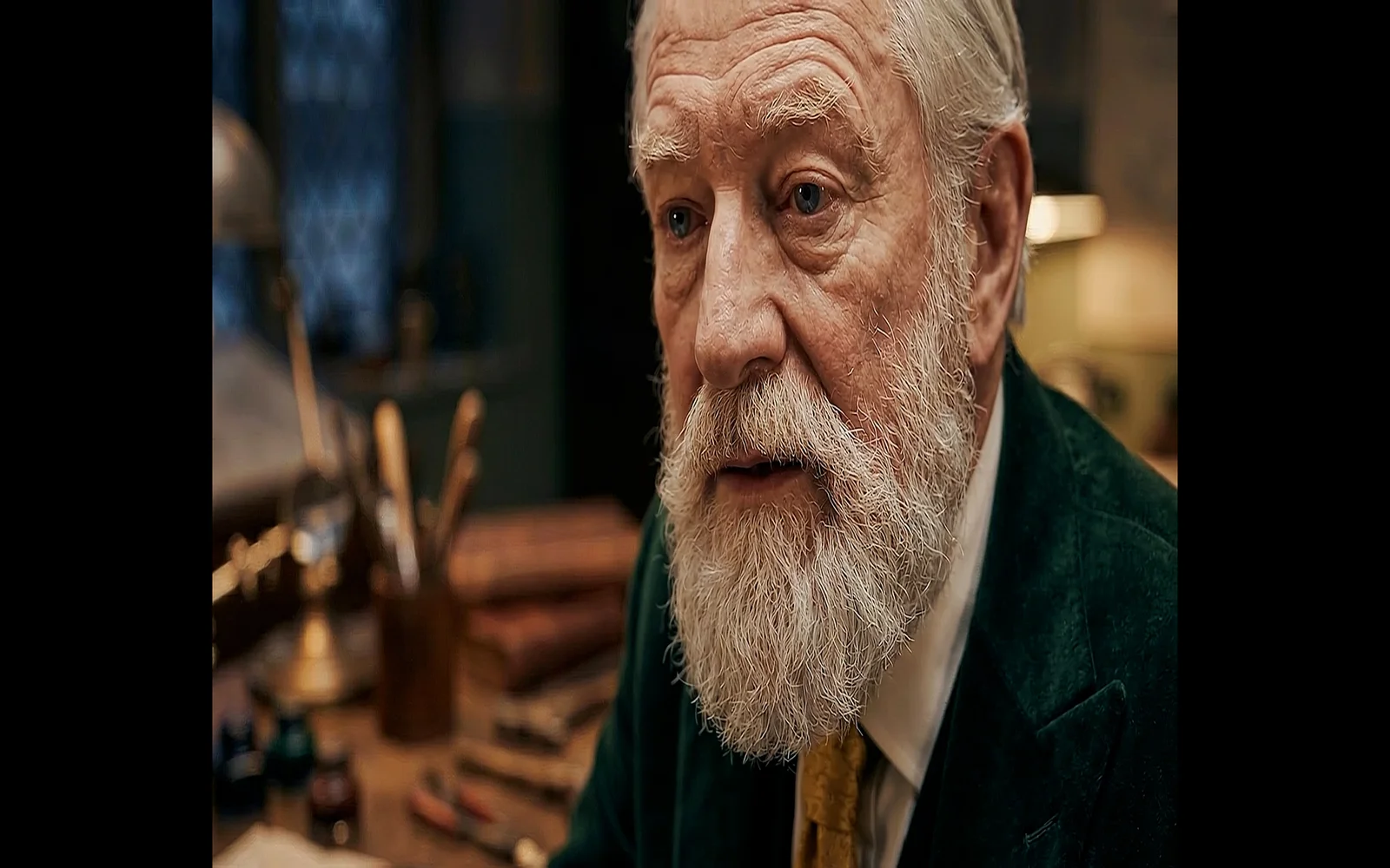 Mr. Klaus, the sleigh-maker, in his office