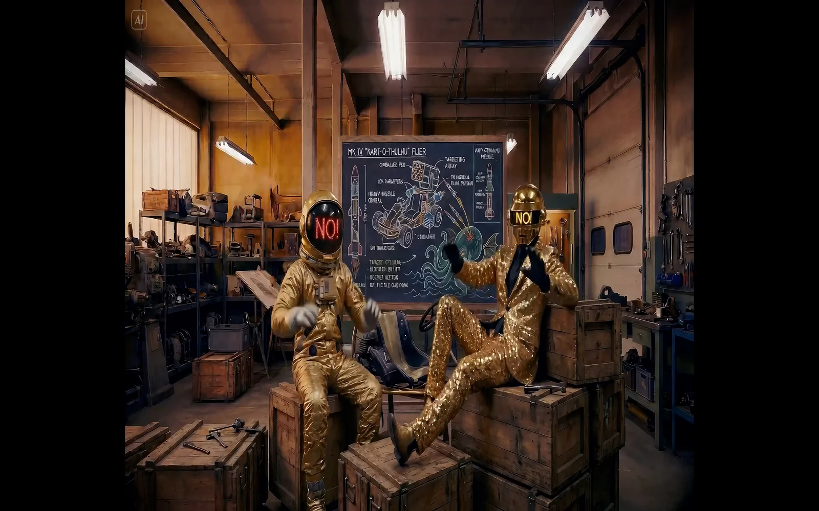 Astro and Aurelius react with NO on their visors to an overengineered kart