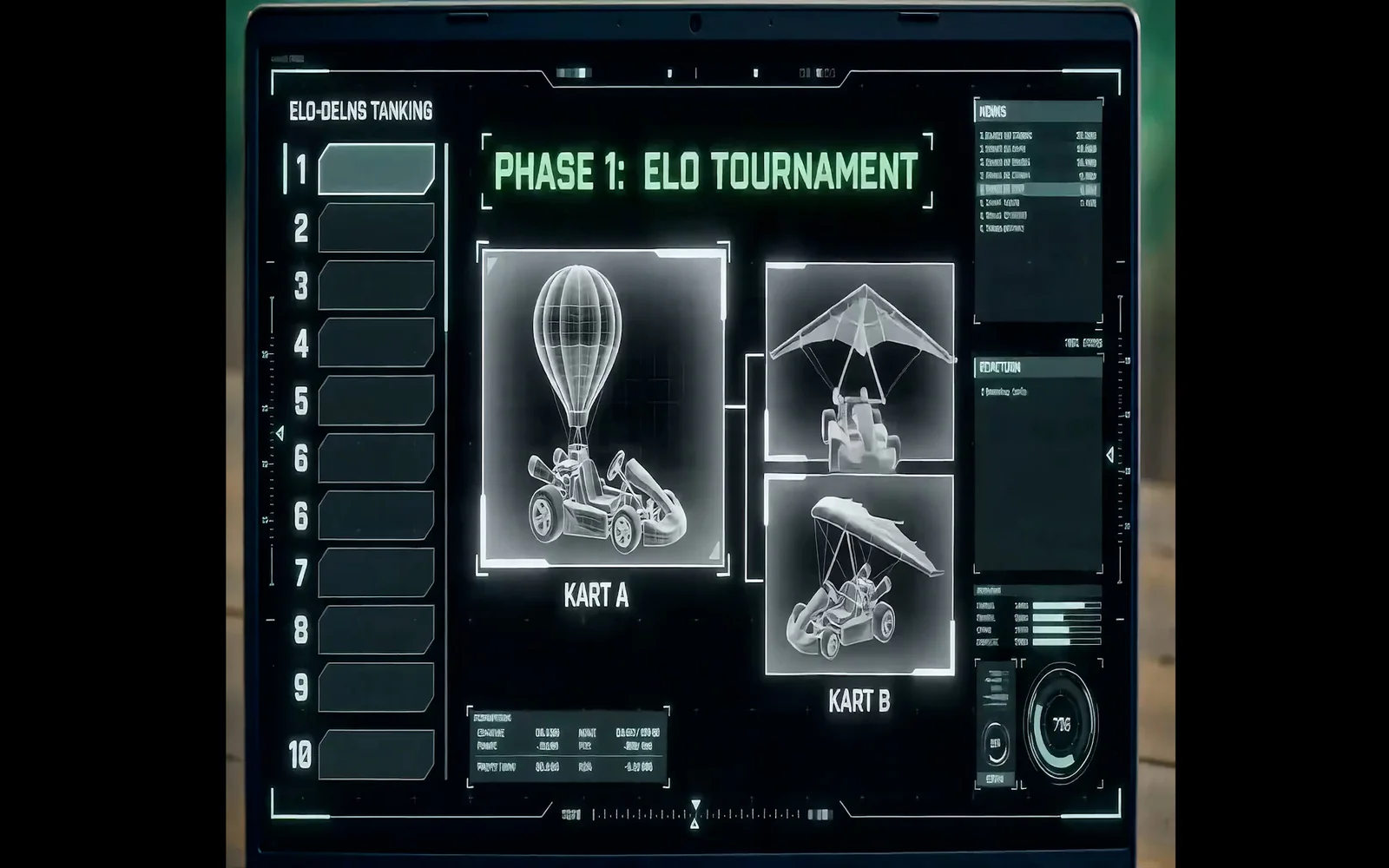 Different flying vehicle prototypes compared on a workshop screen