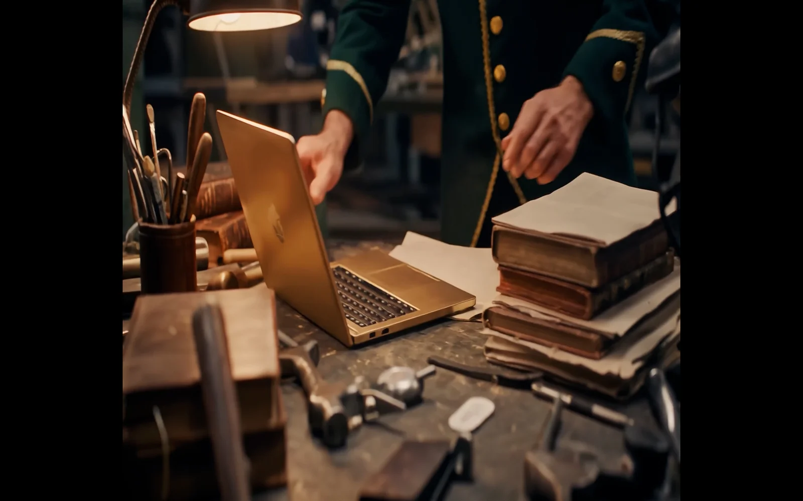 A gold laptop on an elf's workbench